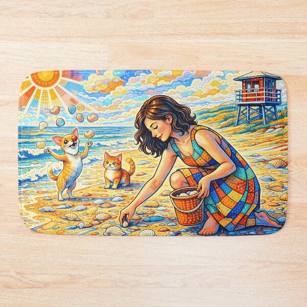 Item preview, Girl Collecting Shells with Cat and Juggling Dog designed and sold by M-Y-A-R-T-.