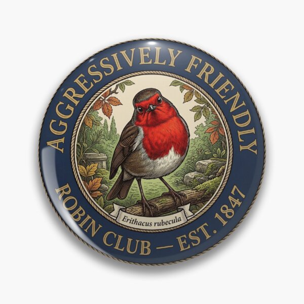 Item preview, Aggressively Friendly Robin Club European Humor Badge designed and sold by CalmCapy Co.