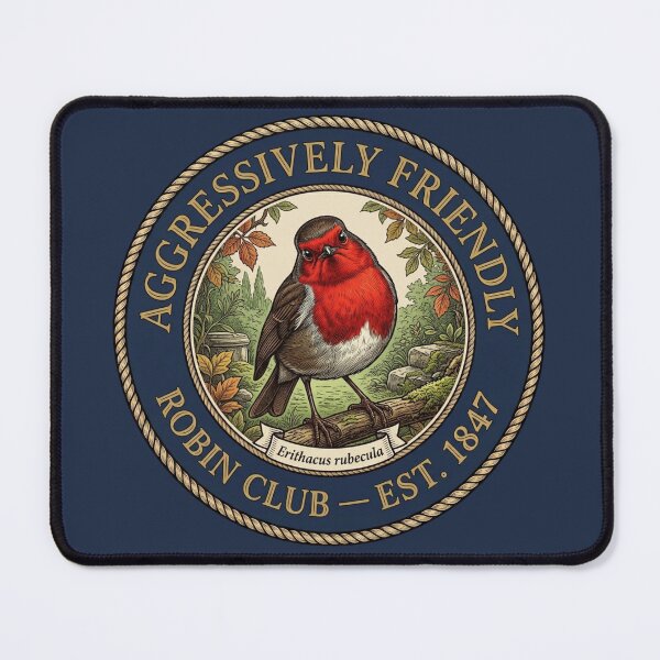 Item preview, Aggressively Friendly Robin Club European Humor Badge designed and sold by CalmCapy Co.