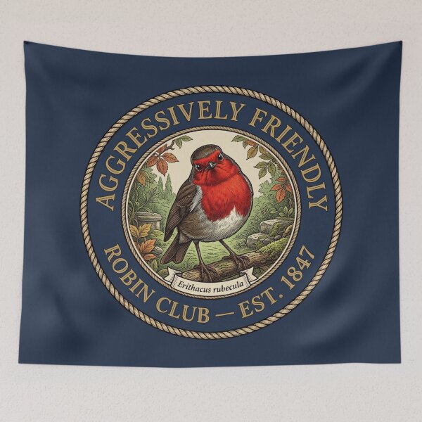 Item preview, Aggressively Friendly Robin Club European Humor Badge designed and sold by CalmCapy Co.