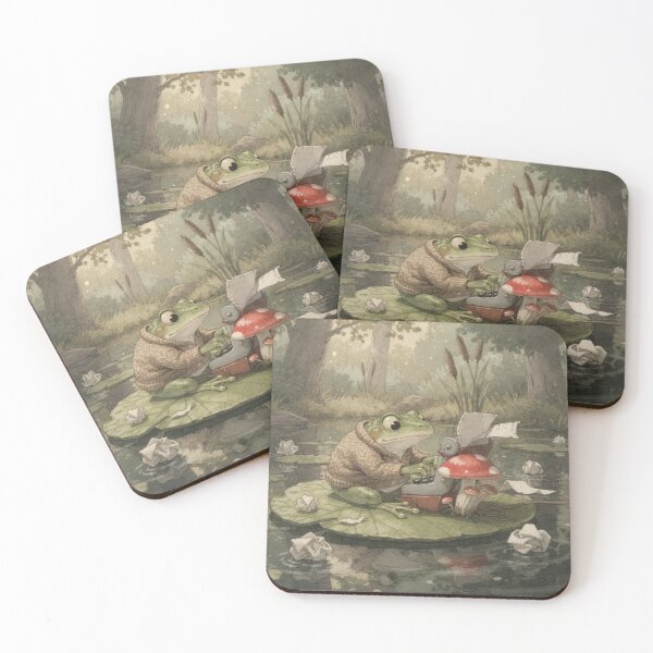 Item preview, Frog Poet at a Mushroom-Cap Typewriter Cottagecore Art designed and sold by PictorialWhimsy.