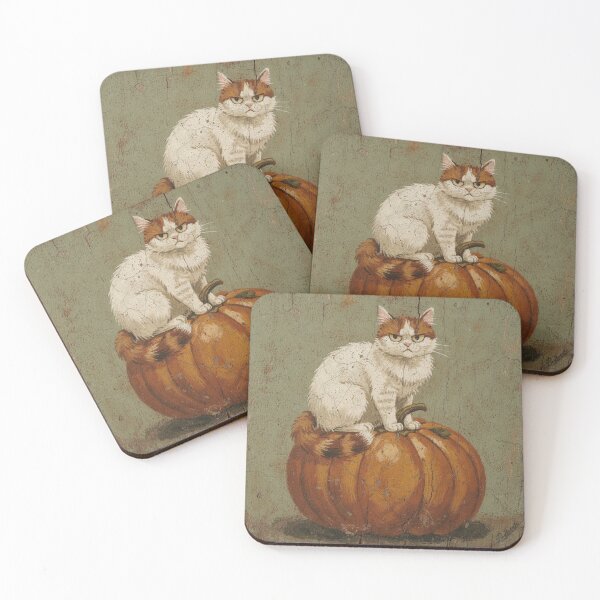 Item preview, Sulking Turkish Van Cat Perched on a Giant Pumpkin Folk Art designed and sold by PictorialWhimsy.