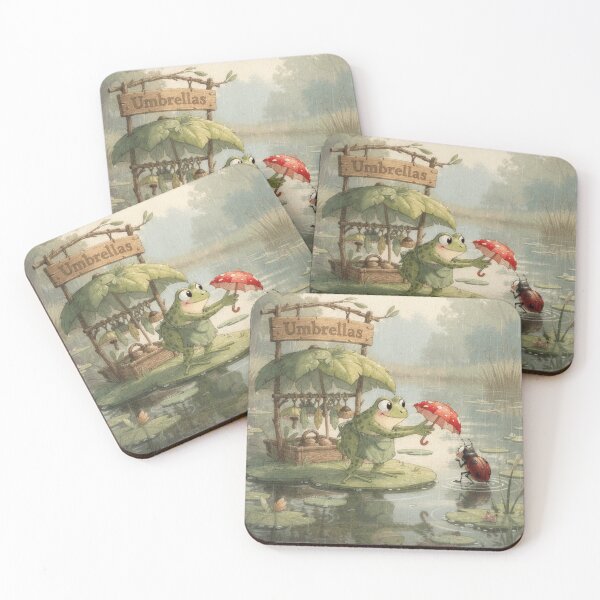 Item preview, Frog Umbrella Stall on a Rainy Pond Cottagecore Art designed and sold by PictorialWhimsy.