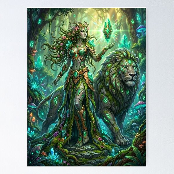 Item preview, Earth Goddess & Rune‑Lion – Enchanted Forest Sovereign Fantasy Art designed and sold by Divinedesignbydulce.
