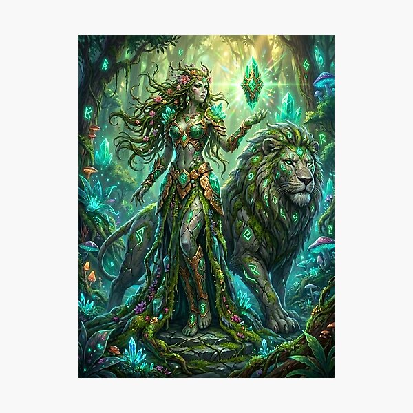 Item preview, Earth Goddess & Rune‑Lion – Enchanted Forest Sovereign Fantasy Art designed and sold by Divinedesignbydulce.