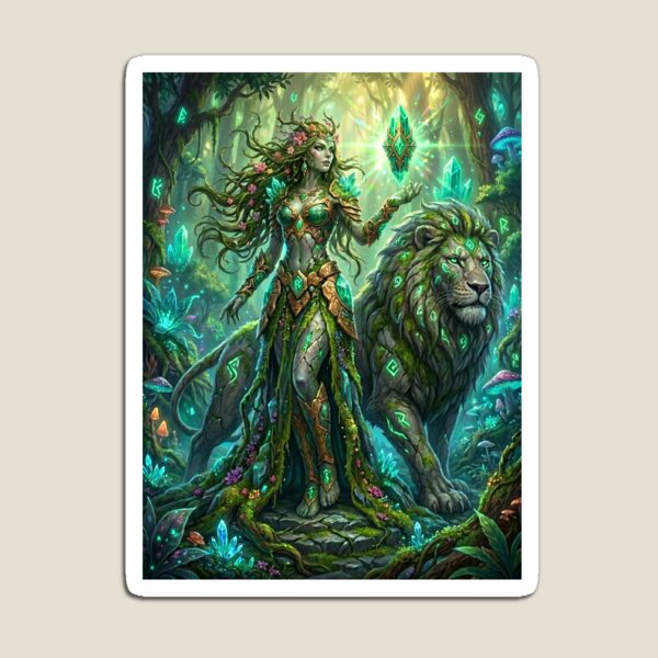Item preview, Earth Goddess & Rune‑Lion – Enchanted Forest Sovereign Fantasy Art designed and sold by Divinedesignbydulce.