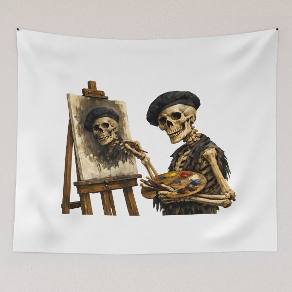 Item preview, Skeleton Artist Painting Macabre Self Portrait designed and sold by Artmares.