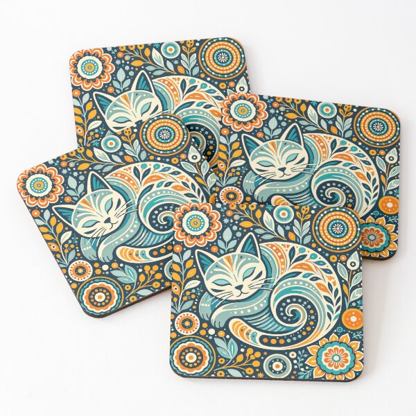Item preview, Sleeping Folk Cat – Retro Boho Floral Garden designed and sold by ArtByBoya.