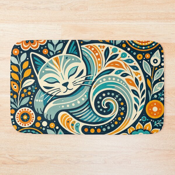 Item preview, Sleeping Folk Cat – Retro Boho Floral Garden designed and sold by ArtByBoya.