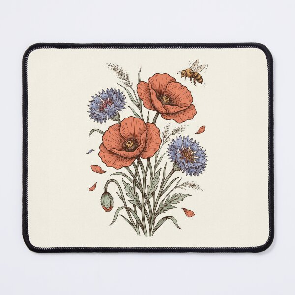 Item preview, Red Poppy Cornflower Bee Botanical Wildflower Illustration designed and sold by NuvoraNest.