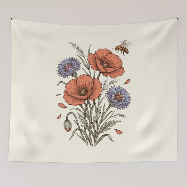Item preview, Red Poppy Cornflower Bee Botanical Wildflower Illustration designed and sold by NuvoraNest.