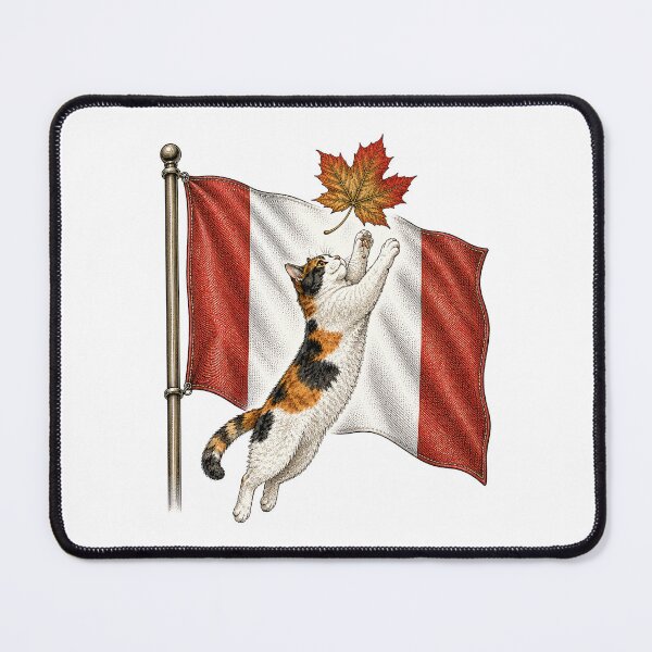 Item preview, Cat Chasing Maple Leaf on Canada Flag — Funny Cat Art Print designed and sold by Aguri-tei.