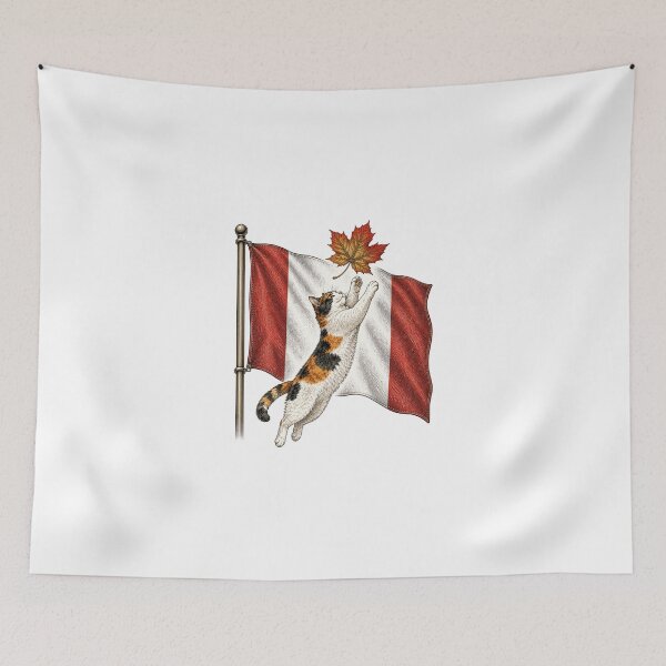 Item preview, Cat Chasing Maple Leaf on Canada Flag — Funny Cat Art Print designed and sold by Aguri-tei.