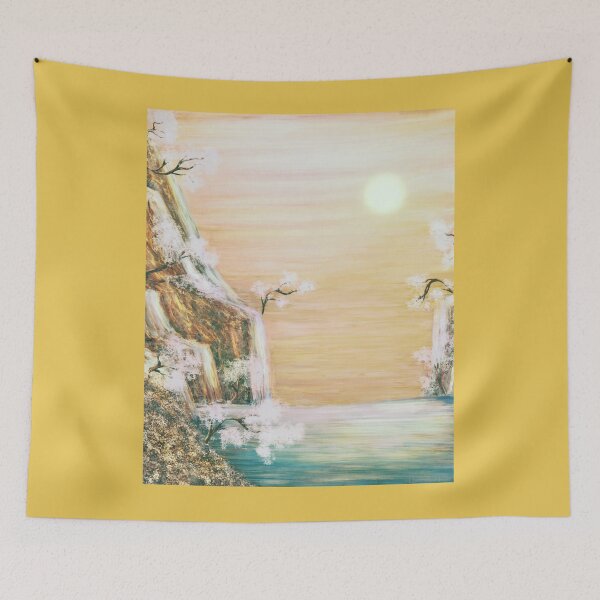 Item preview, Mountain waterfall, river, orange sky designed and sold by Witseart.