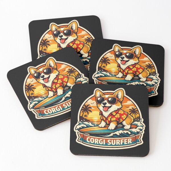 Item preview, Corgi Surfer – Retro Beach Sunset Badge designed and sold by Timeless Junction.