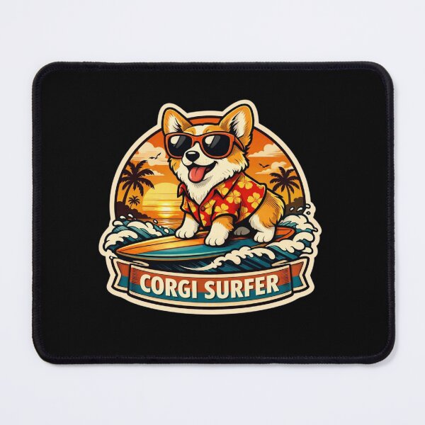 Item preview, Corgi Surfer – Retro Beach Sunset Badge designed and sold by Timeless Junction.