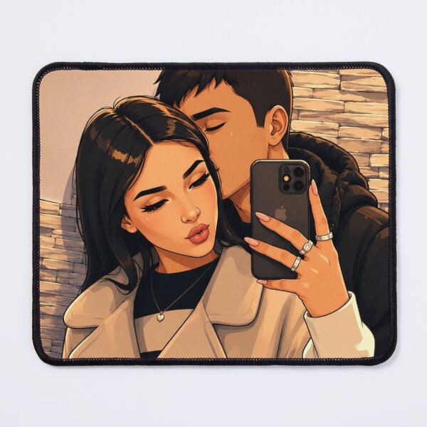 Item preview, Cute Couple Mirror Selfie Kiss on Cheek Illustration designed and sold by Pink Chaos Club.
