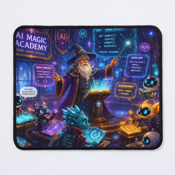 Item preview, AI Magic Academy – Wizard Teaching Magical AI Creatures with Floating Code Spells and Glowing Books designed and sold by PenchalaPrabhas.
