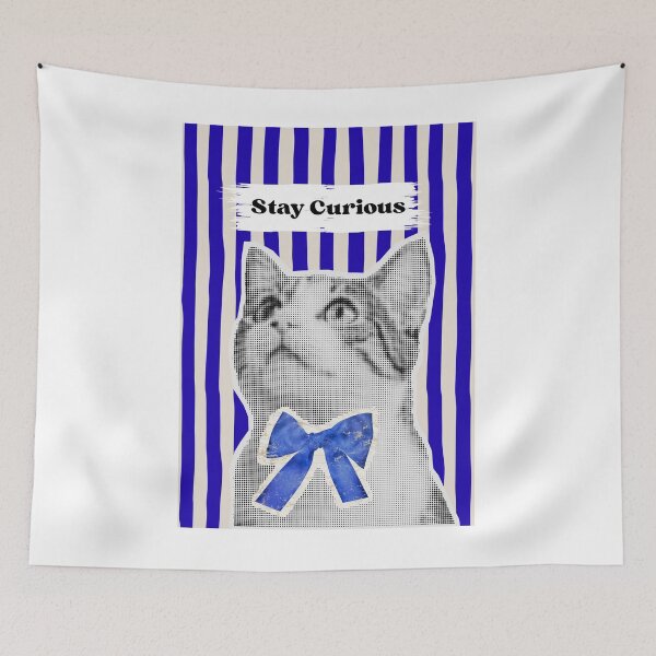 Item preview, Stay Curious Halftone Cat Poster – Blue Striped Pop Art Cat with Bow Print designed and sold by Cozy Art Studio.