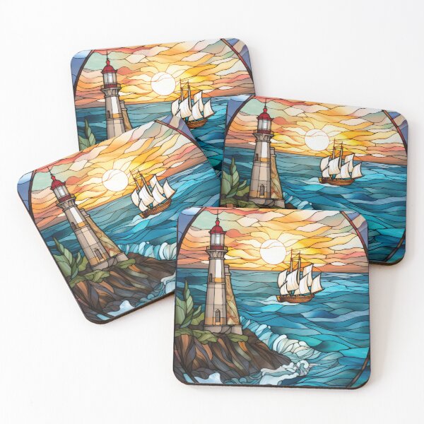 Item preview, Lighthouse and Sailing Ship Stained Glass Window Design designed and sold by pinkal.