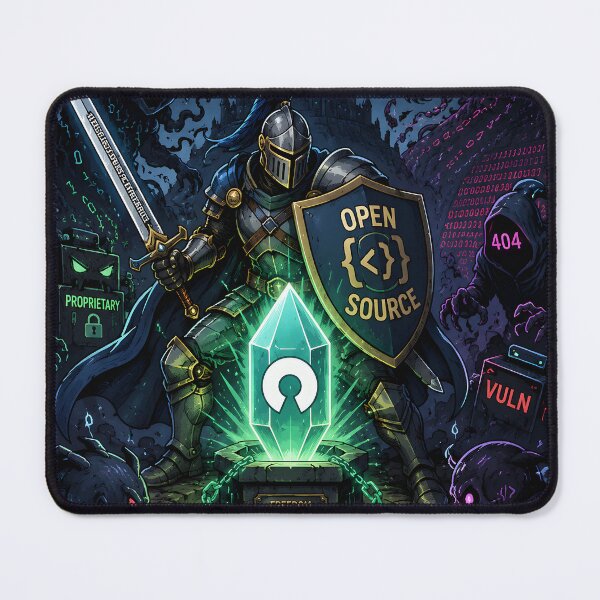 Item preview, A Legendary Armored Knight Protecting a Glowing Open-Source Crystal from Digital Monsters Fantasy-Tech Crossover Vector Illustration designed and sold by PenchalaPrabhas.
