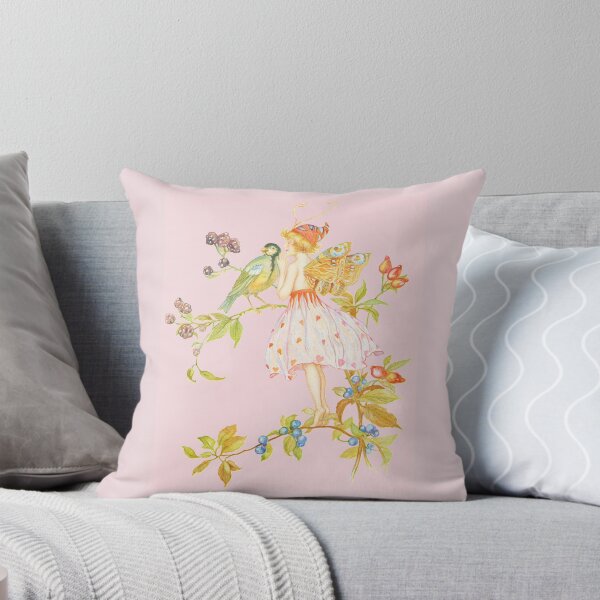 Item preview, Forest Fairy with a Bird Fantasy Fairytale Illustration Cottagecore Fairyland Pattern with Light Pastel Colors - Pink Background  designed and sold by CanisArtStudio.