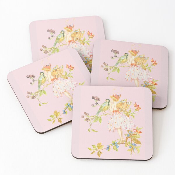Item preview, Forest Fairy with a Bird Fantasy Fairytale Illustration Cottagecore Fairyland Pattern with Light Pastel Colors - Pink Background  designed and sold by CanisArtStudio.