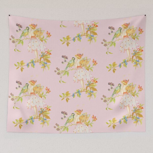 Item preview, Forest Fairy with a Bird Fantasy Fairytale Illustration Cottagecore Fairyland Pattern with Light Pastel Colors - Pink Background  designed and sold by CanisArtStudio.