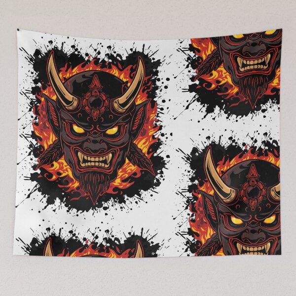 Item preview, Oni Mask Fire Demon Japanese Samurai Mask Grunge Splatter T-Shirt designed and sold by QuirkyCloud Designs.