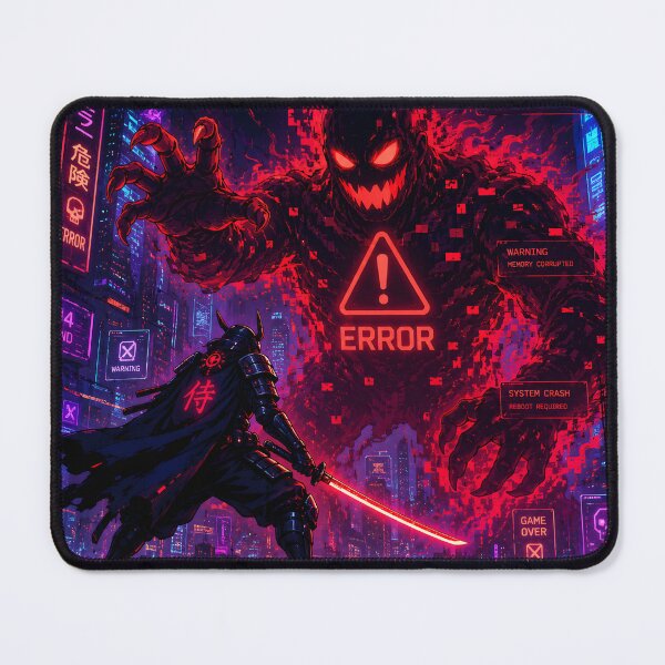 Item preview, : A Futuristic Samurai Battling a Giant Red Warning Error Monster, Neon City Background, Epic Cyberpunk Vector Design designed and sold by PenchalaPrabhas.