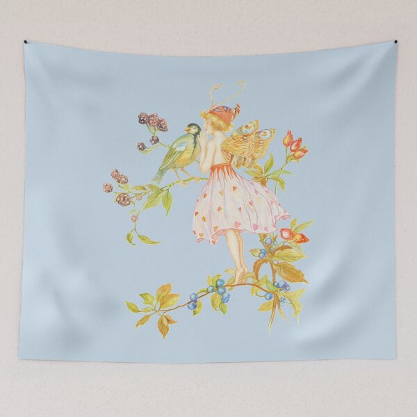 Item preview, Forest Fairy Fantasy Illustration Light Pastel Colorful Cottagecore Pattern - Blue Background  designed and sold by CanisArtStudio.