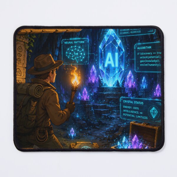 Item preview, :  An Adventurer Discovering an Ancient Cave Filled with Glowing AI Crystals and Floating Holographic Code – Treasure Hunt Themed Vector Art designed and sold by PenchalaPrabhas.