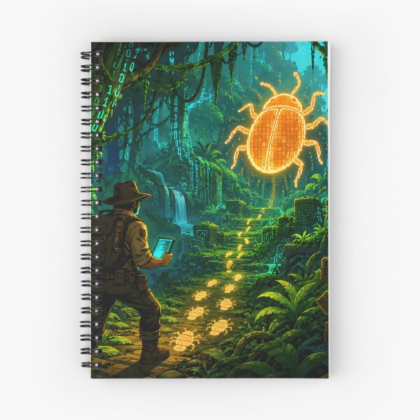 Item preview, : A Lone Explorer Tracking a Giant Glowing Software Bug Through a Cyber Jungle, Digital Vines and Binary Trees – Adventure Game Inspired Vector Artwork designed and sold by PenchalaPrabhas.