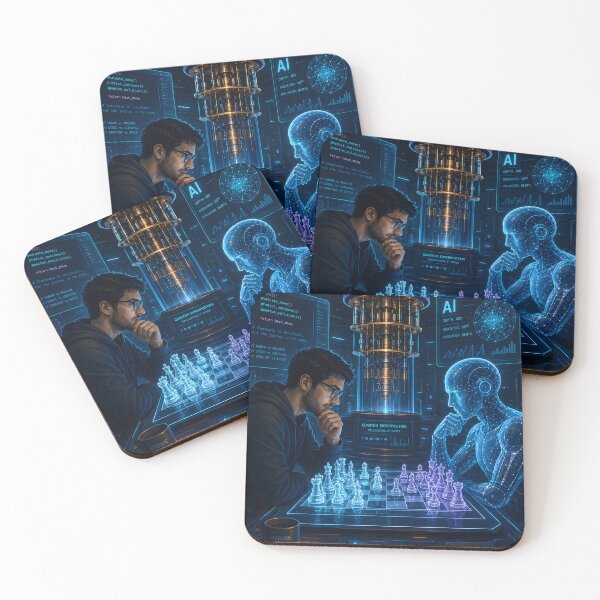 Item preview, A Programmer Playing Chess Against an Advanced AI in a Futuristic Quantum Laboratory, Holographic Pieces, Cinematic Vector Artwork designed and sold by PenchalaPrabhas.