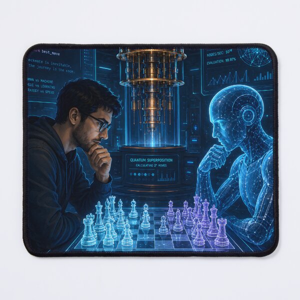 Item preview, A Programmer Playing Chess Against an Advanced AI in a Futuristic Quantum Laboratory, Holographic Pieces, Cinematic Vector Artwork designed and sold by PenchalaPrabhas.