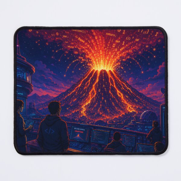 Item preview, : A Massive Volcano Erupting Streams of Glowing Code Instead of Lava, Programmers Observing from a Futuristic Research Station, Vibrant Vector Art designed and sold by PenchalaPrabhas.