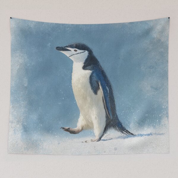 Item preview, Penguin walking across a snowy landscape with blue background designed and sold by Sasas Design.