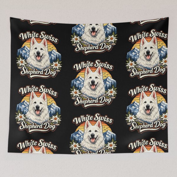 Item preview, White Swiss Shepherd Dog Retro Mountain Sunset Design designed and sold by blankTeeShirt.