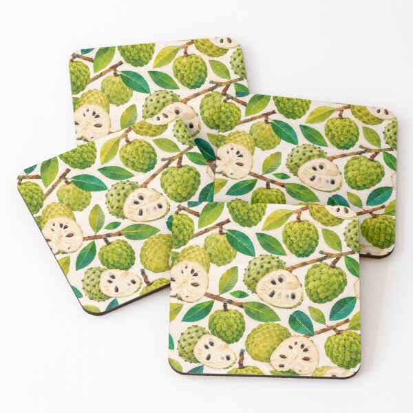 Item preview, Chirimoya Seamless Pattern, Tropical annona squamosa,  Fruit Collage Design, Exotic Botanical Green Fruit Repeat Print designed and sold by SWSandraWechner.