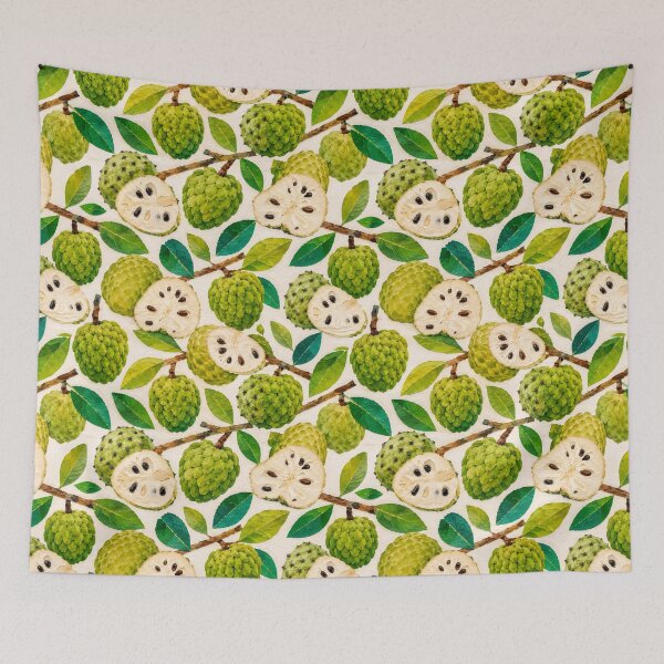 Item preview, Chirimoya Seamless Pattern, Tropical annona squamosa,  Fruit Collage Design, Exotic Botanical Green Fruit Repeat Print designed and sold by SWSandraWechner.