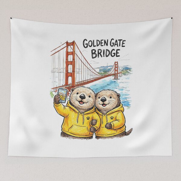 Item preview, Cute Sea Otters at Golden Gate Bridge - Matching Yellow Hoodie Selfie Art designed and sold by TaiwanMemory.