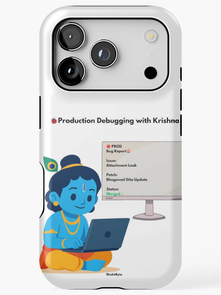 Thumbnail 1 of 4, iPhone Case, Production Debugging with Krishna | Developer Humor Sticker designed and sold by BhaktiByte.