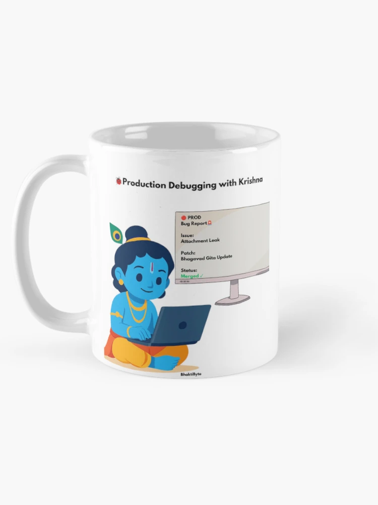 Thumbnail 5 of 6, Coffee Mug, Production Debugging with Krishna | Developer Humor Sticker designed and sold by BhaktiByte.