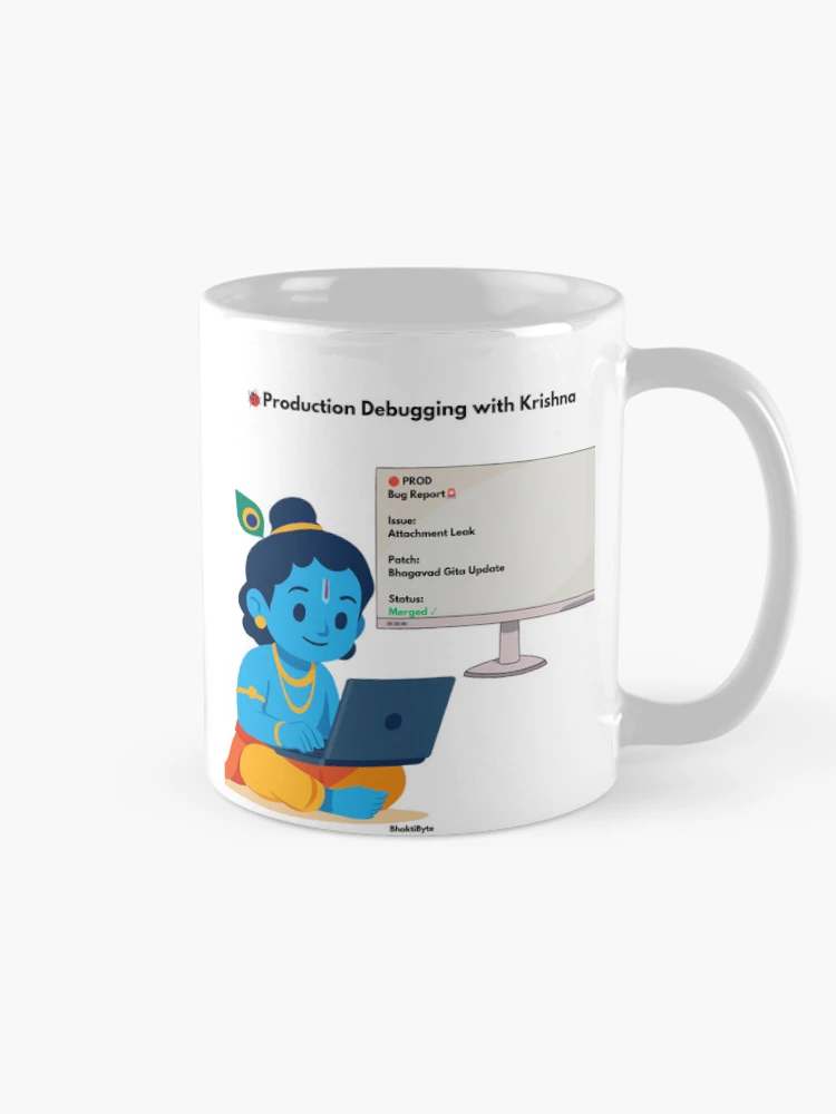 Thumbnail 3 of 6, Coffee Mug, Production Debugging with Krishna | Developer Humor Sticker designed and sold by BhaktiByte.