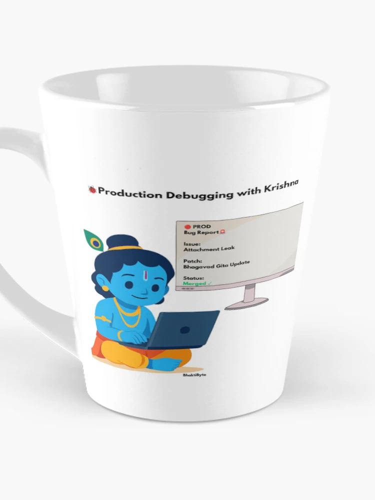 Thumbnail 3 of 4, Coffee Mug, Production Debugging with Krishna | Developer Humor Sticker designed and sold by BhaktiByte.