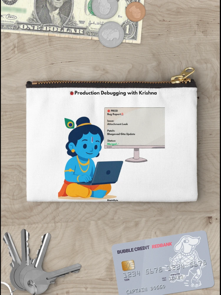 Thumbnail 3 of 4, Zipper Pouch, Production Debugging with Krishna | Developer Humor Sticker designed and sold by BhaktiByte.