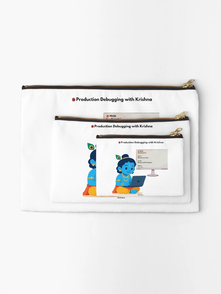 Thumbnail 2 of 4, Zipper Pouch, Production Debugging with Krishna | Developer Humor Sticker designed and sold by BhaktiByte.