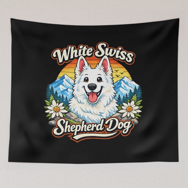Item preview, White Swiss Shepherd Dog Mountain Sunset Cute Illustration designed and sold by blankTeeShirt.
