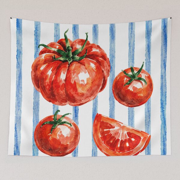 Artikelvorschau, Sommerliche Aquarell-Tomaten mit blauen Streifen entworfen und verkauft von Retro Moon Studio.