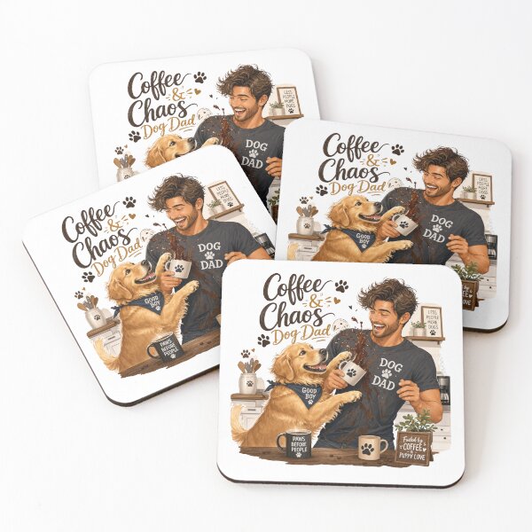 Item preview, Coffee & Chaos Golden Retriever Dog Dad Kawaii T-Shirt Sticker designed and sold by Ashley critters.